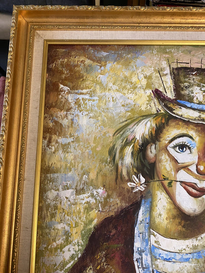 Tableau  Huile Sur Toile Portrait De Clown Encadrement Bois Doré