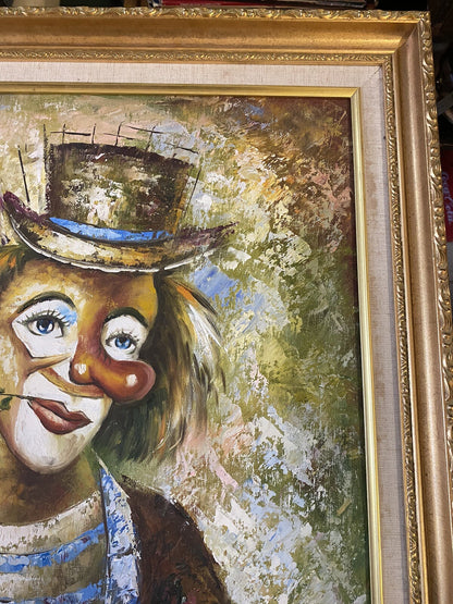 Tableau  Huile Sur Toile Portrait De Clown Encadrement Bois Doré