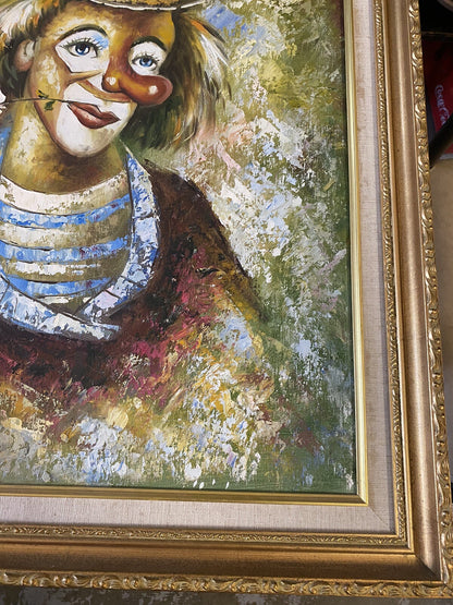 Tableau  Huile Sur Toile Portrait De Clown Encadrement Bois Doré