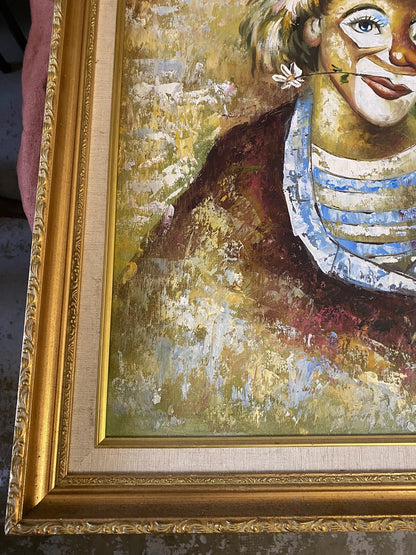 Tableau  Huile Sur Toile Portrait De Clown Encadrement Bois Doré