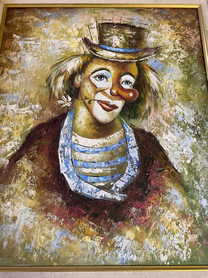 Tableau  Huile Sur Toile Portrait De Clown Encadrement Bois Doré