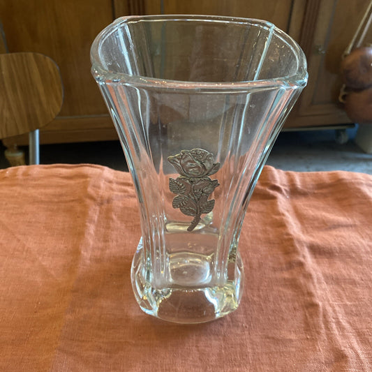 Vase En Verre Decoré D’une Rose Vintage Année 1970