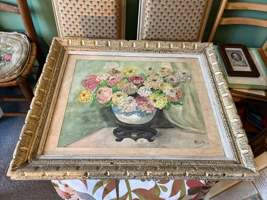 Aquarelle Bouquet De Fleurs Signature Milia Encadrement Bois
