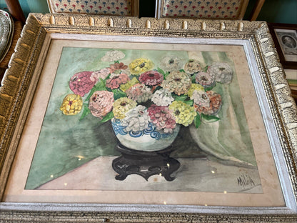 Aquarelle Bouquet De Fleurs Signature Milia Encadrement Bois