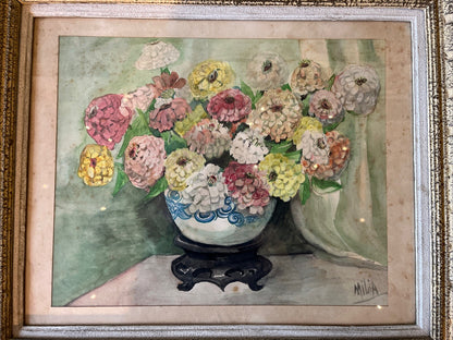 Aquarelle Bouquet De Fleurs Signature Milia Encadrement Bois