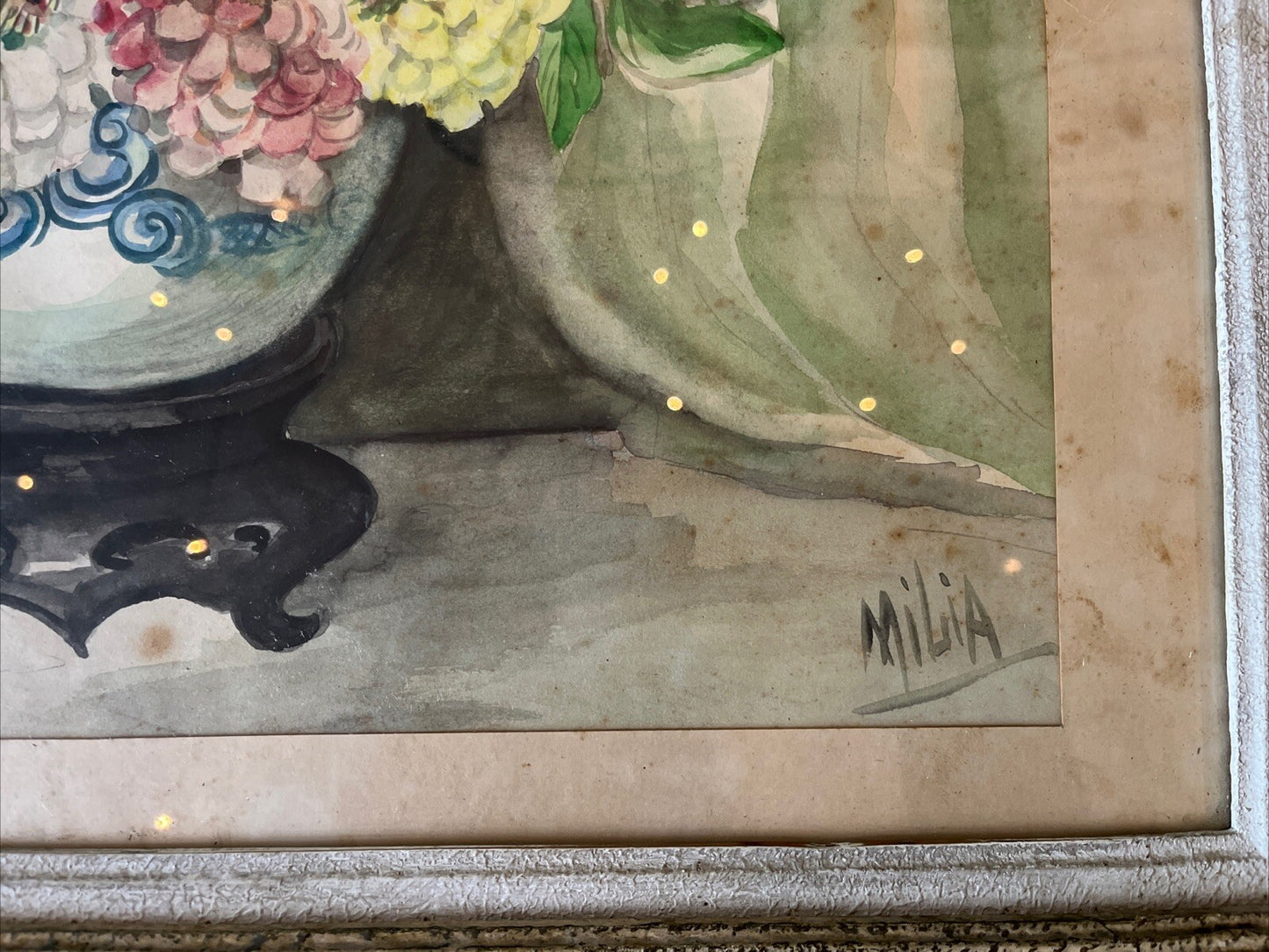 Aquarelle Bouquet De Fleurs Signature Milia Encadrement Bois