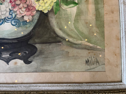 Aquarelle Bouquet De Fleurs Signature Milia Encadrement Bois