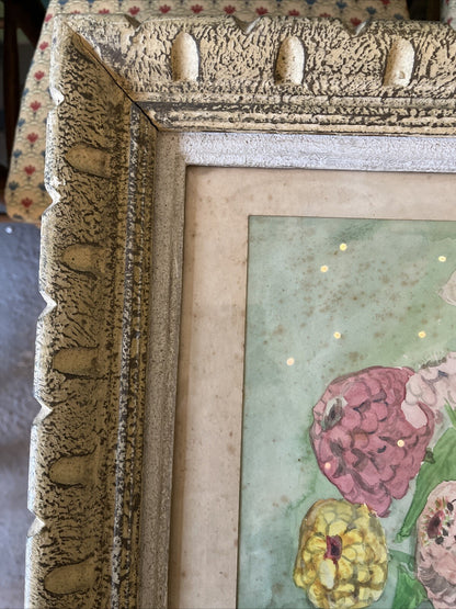 Aquarelle Bouquet De Fleurs Signature Milia Encadrement Bois