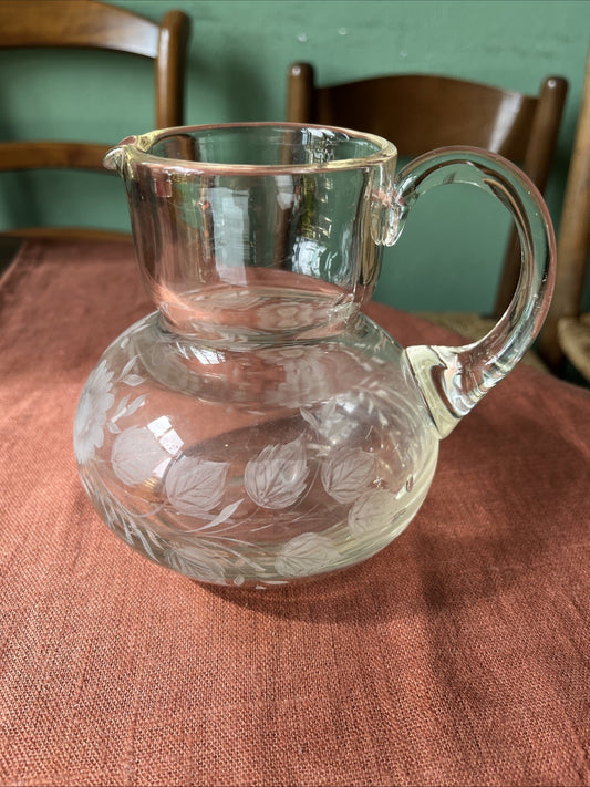 Ancien Pichet En Verre Décoration Fleurs