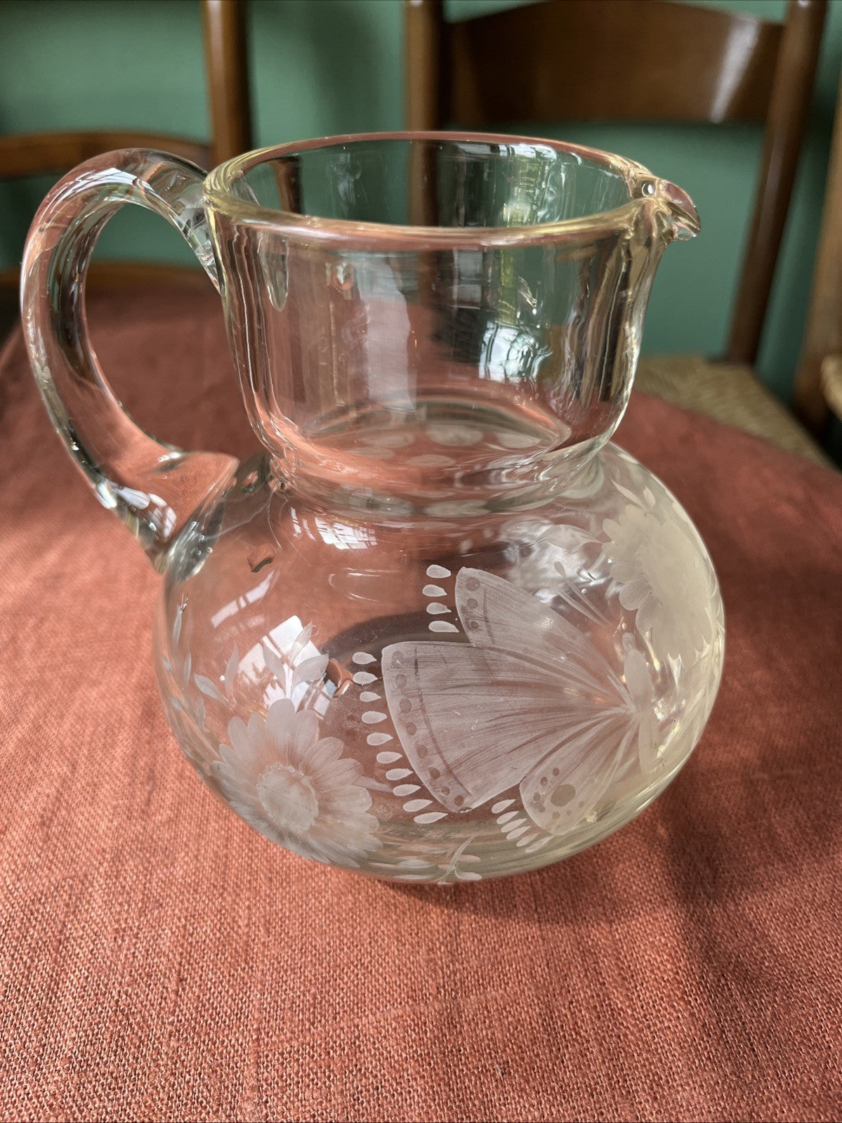 Ancien Pichet En Verre Décoration Fleurs