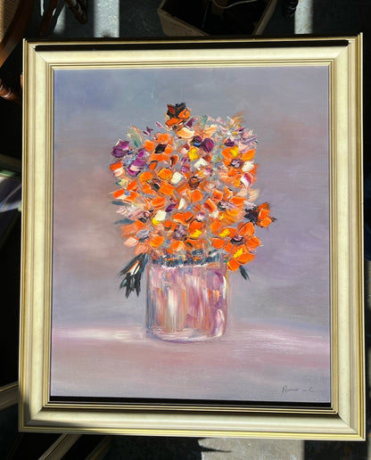 Huile Sur Toile Encadrement Bois Nature Morte Bouquet De Fleurs