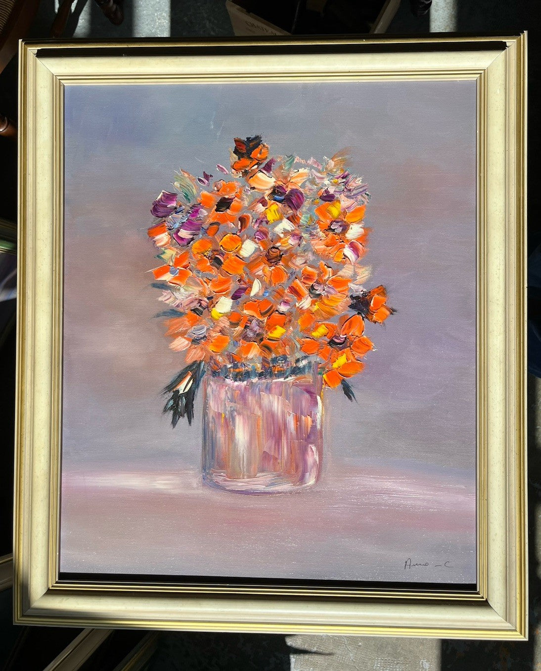 Huile Sur Toile Encadrement Bois Nature Morte Bouquet De Fleurs