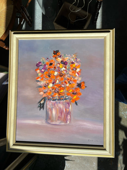 Huile Sur Toile Encadrement Bois Nature Morte Bouquet De Fleurs