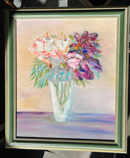 Huile Sur Toile Nature Morte Fleurs Encadrement Bois