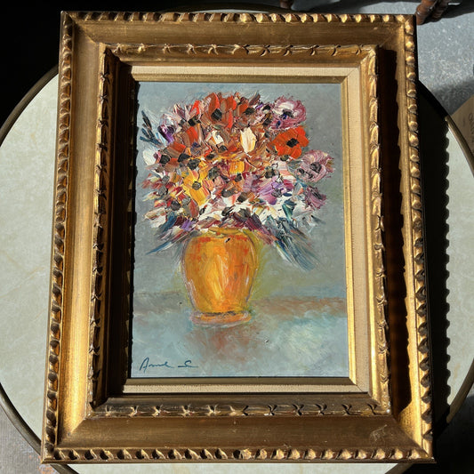 Huile Sur Peinture Nature Morte Fleurs Signée Anne Chartier Encadrement Bois