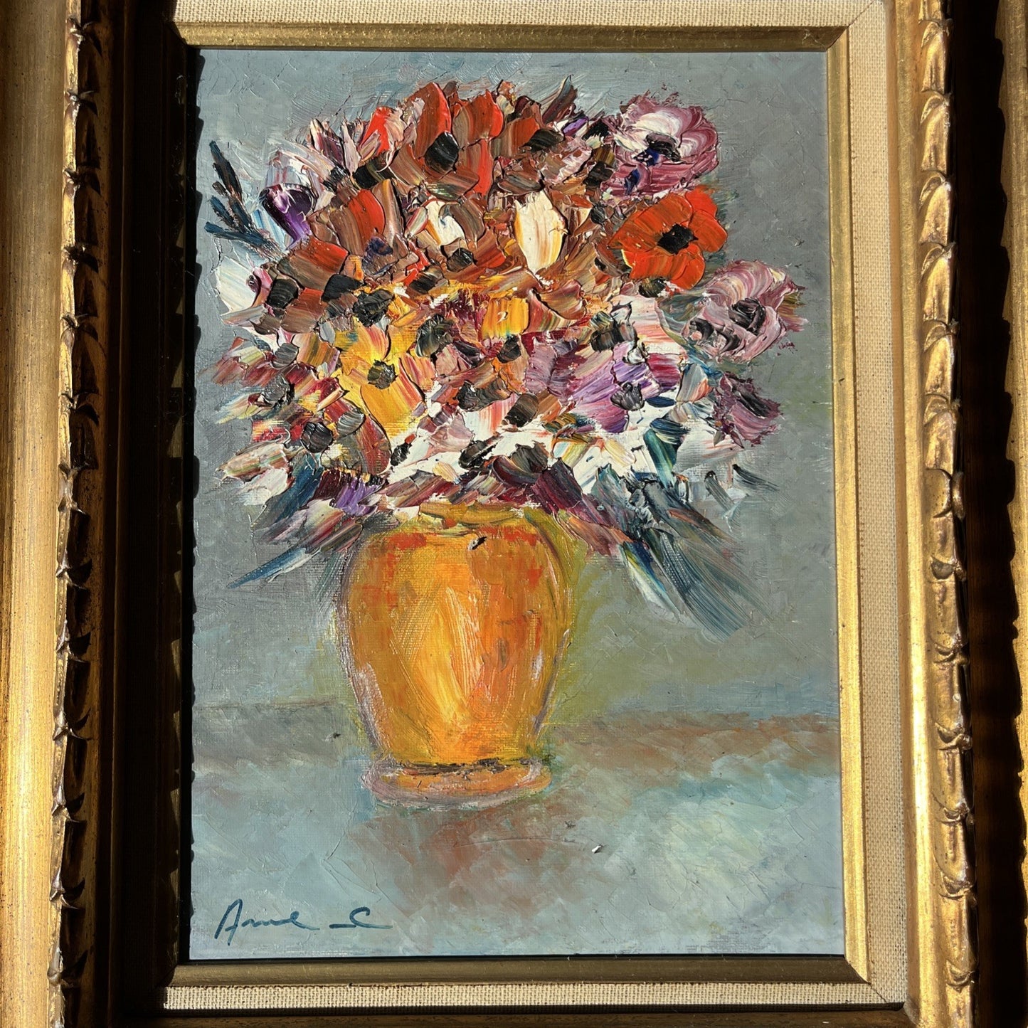 Huile Sur Peinture Nature Morte Fleurs Signée Anne Chartier Encadrement Bois