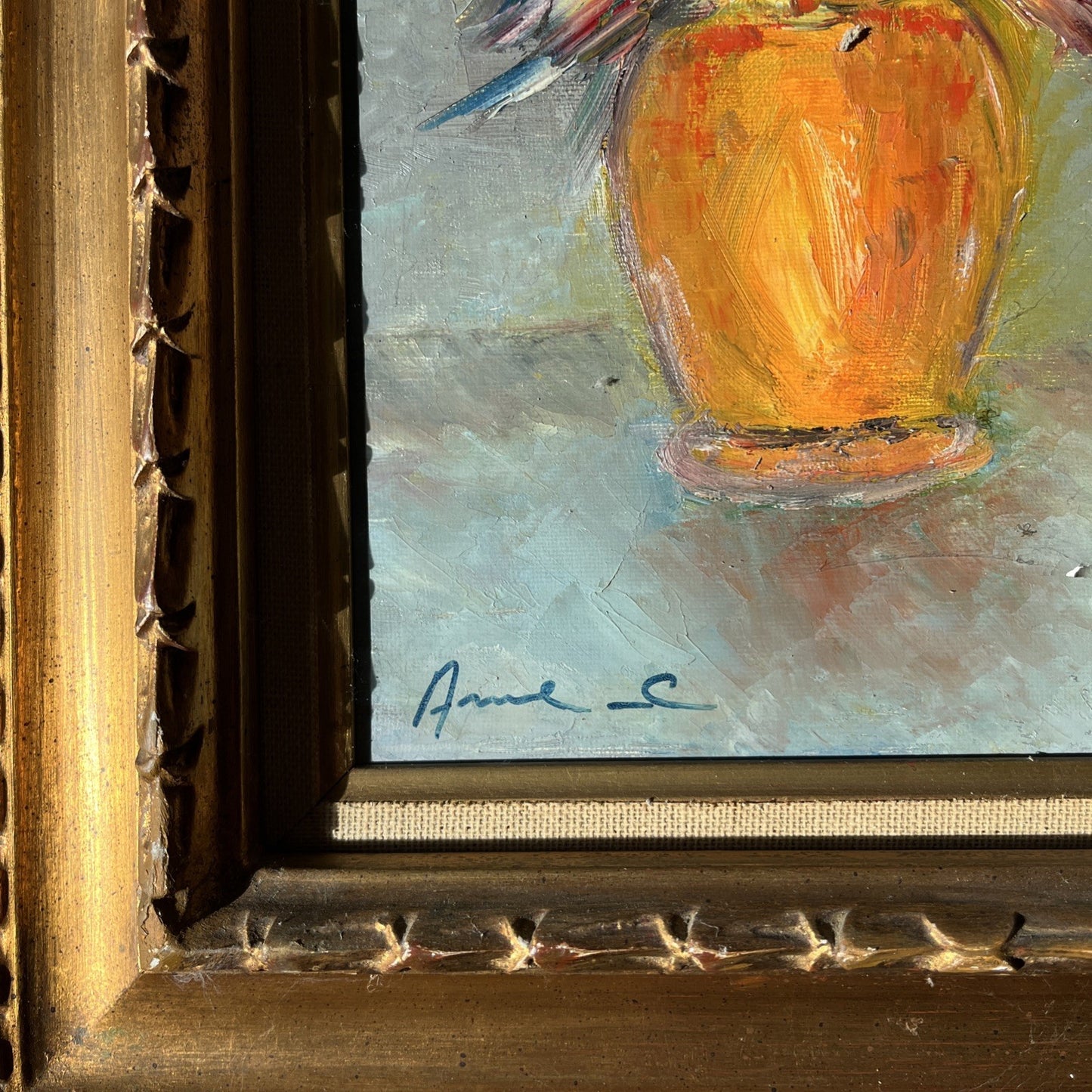 Huile Sur Peinture Nature Morte Fleurs Signée Anne Chartier Encadrement Bois