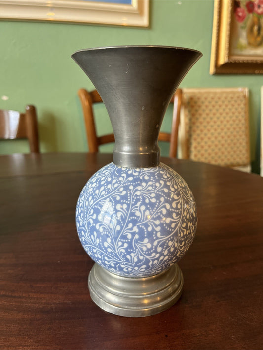Vase Faïence Et Étain Bleu Et Blanc