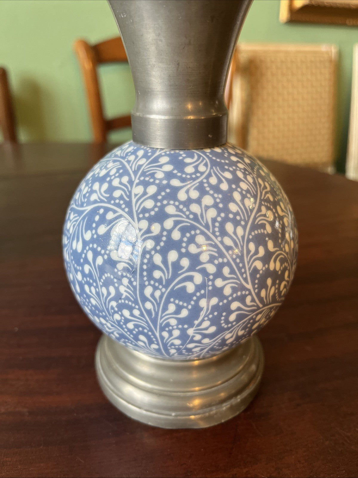 Vase Faïence Et Étain Bleu Et Blanc