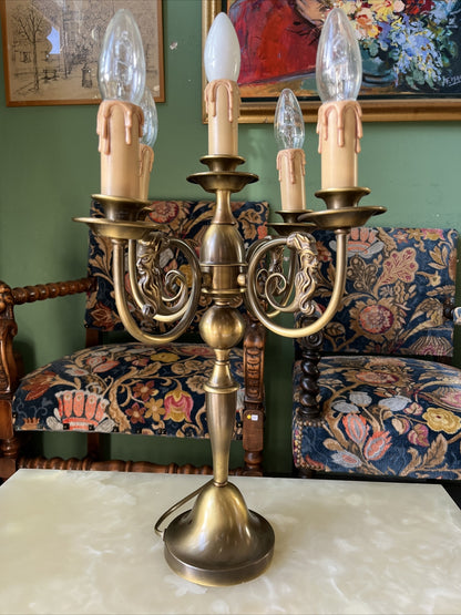 Candélabre Ancien Hollandais Électrifié En Bronze Patiné Vernis / Lampe À Poser