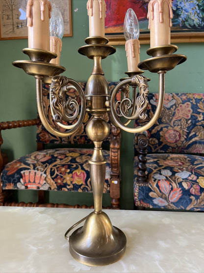 Candélabre Ancien Hollandais Électrifié En Bronze Patiné Vernis / Lampe À Poser