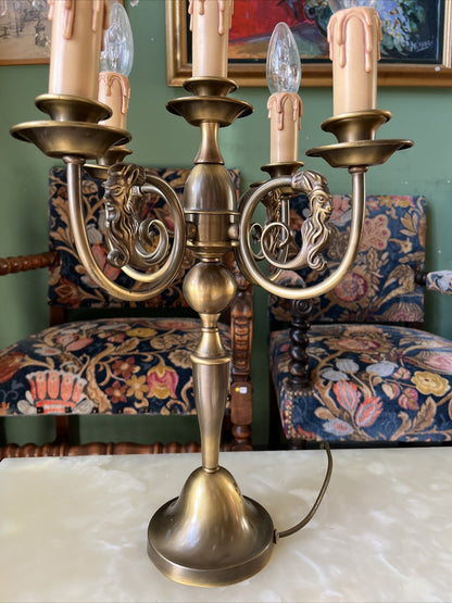 Candélabre Ancien Hollandais Électrifié En Bronze Patiné Vernis / Lampe À Poser