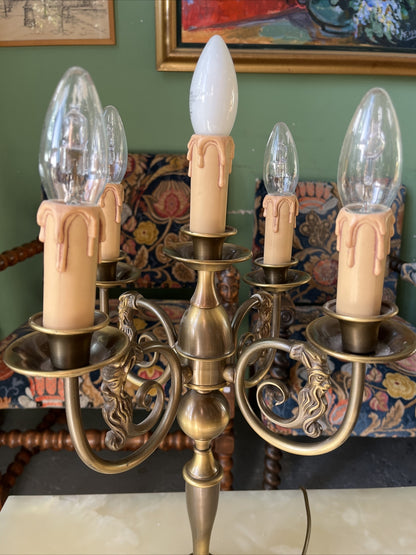 Candélabre Ancien Hollandais Électrifié En Bronze Patiné Vernis / Lampe À Poser