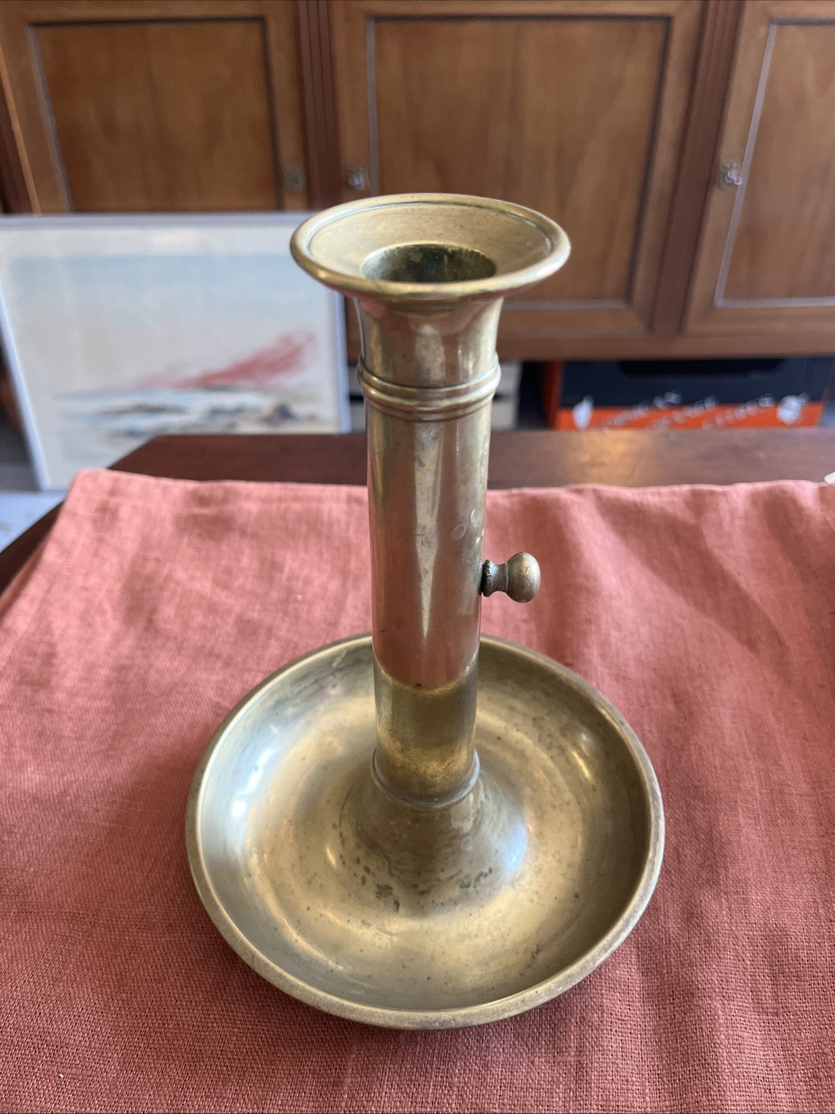 Ancien Bougeoir À Poussoir Doré