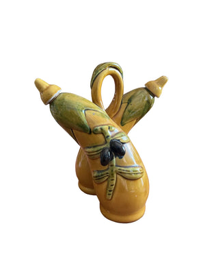 Huilier Vinaigrier Siamois En Céramique Relief Olive