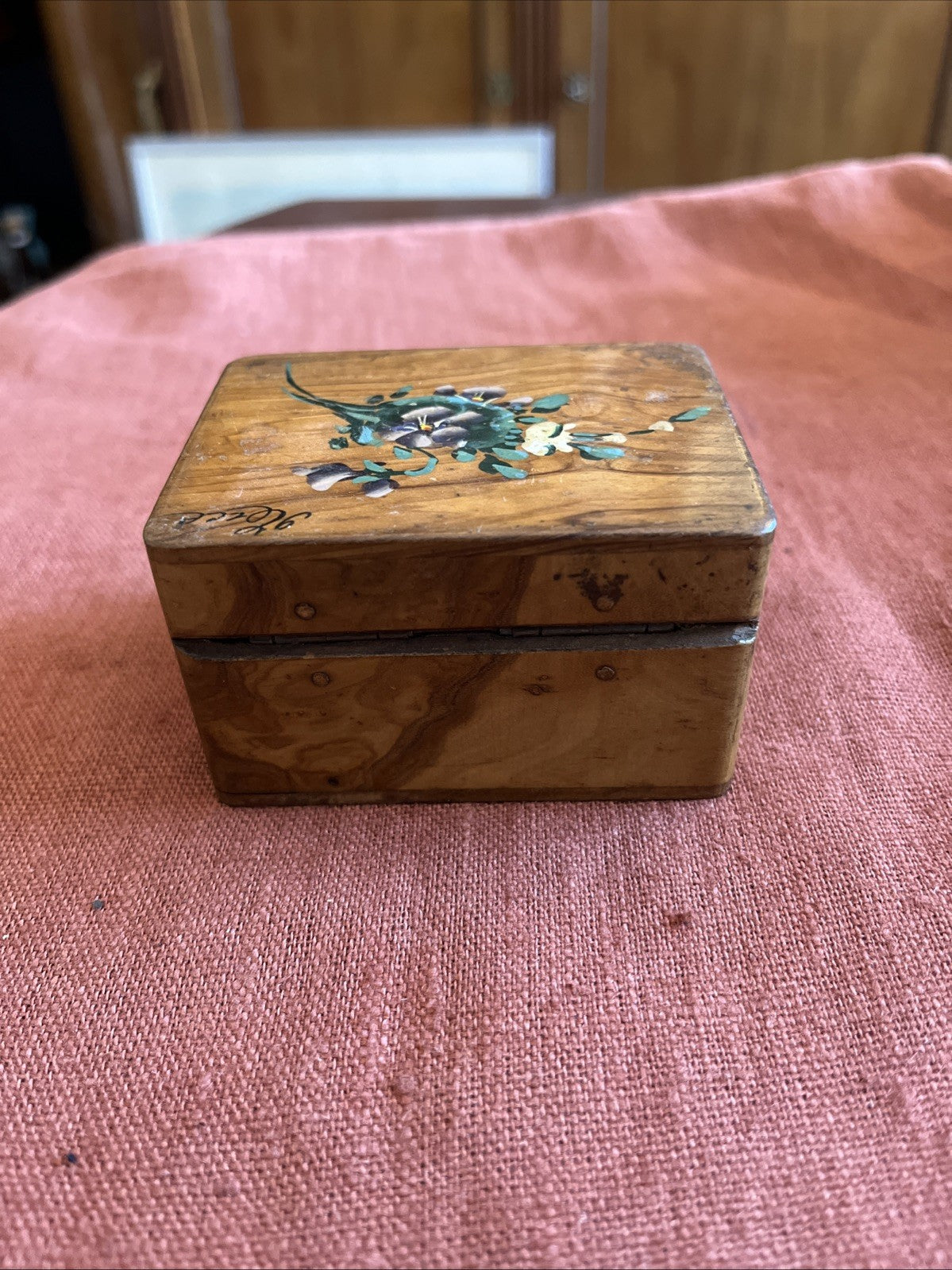 Ancienne Petite Boîte À Bijoux Bois Et Décor De Fleurs