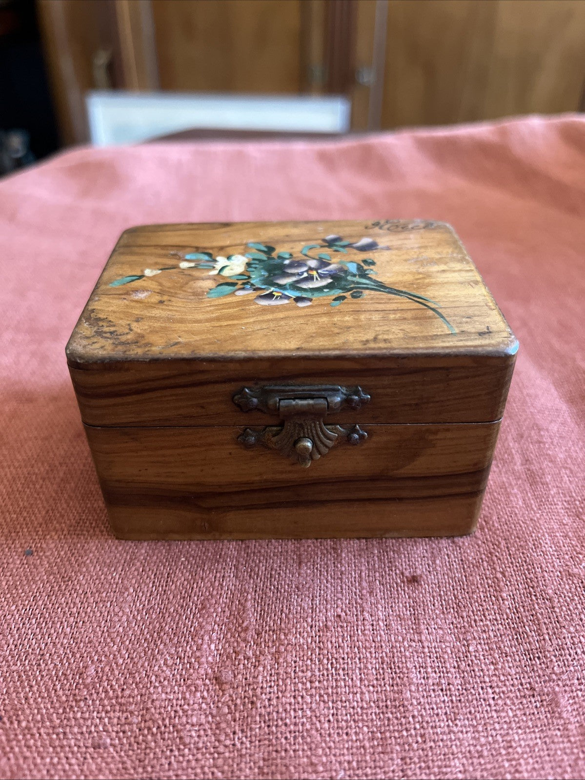 Ancienne Petite Boîte À Bijoux Bois Et Décor De Fleurs