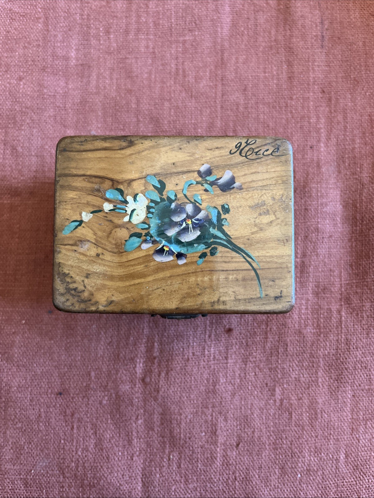 Ancienne Petite Boîte À Bijoux Bois Et Décor De Fleurs
