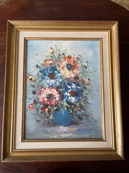 Huile Sur Toile Nature Morte Bouquet Fleurs Signé Robin Encadrement Doré