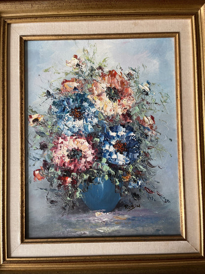 Huile Sur Toile Nature Morte Bouquet Fleurs Signé Robin Encadrement Doré