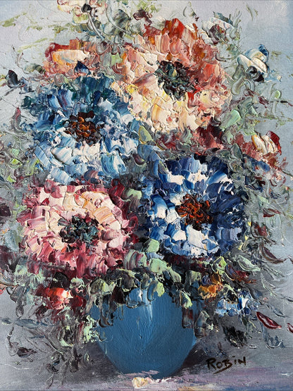 Huile Sur Toile Nature Morte Bouquet Fleurs Signé Robin Encadrement Doré