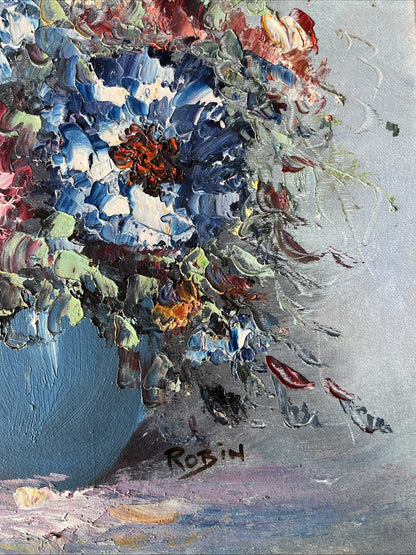 Huile Sur Toile Nature Morte Bouquet Fleurs Signé Robin Encadrement Doré