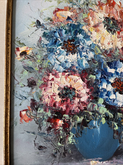 Huile Sur Toile Nature Morte Bouquet Fleurs Signé Robin Encadrement Doré