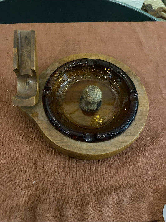 Cendrier A Pipe Verre Ambré Support En Bois