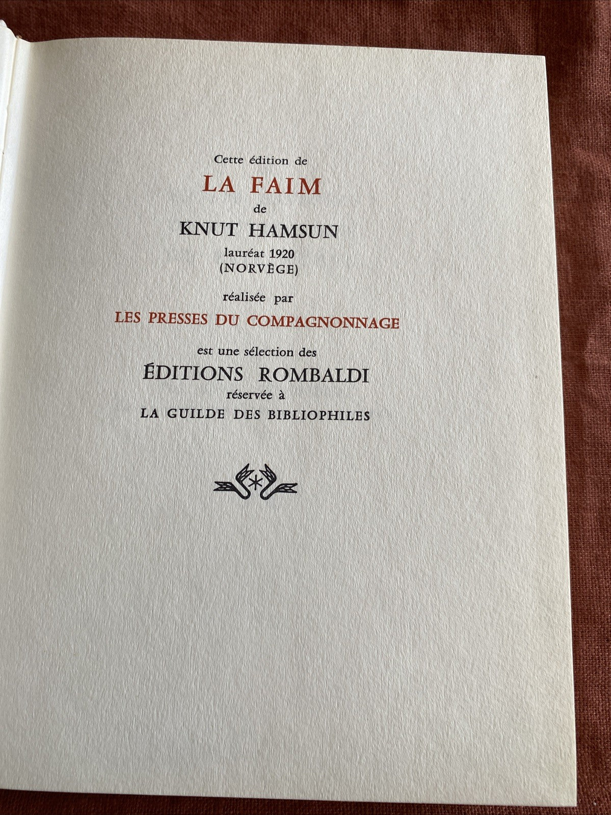 Livre Knut Hamsun - La Faim - Editions Rombaldi - Nobel 1920
