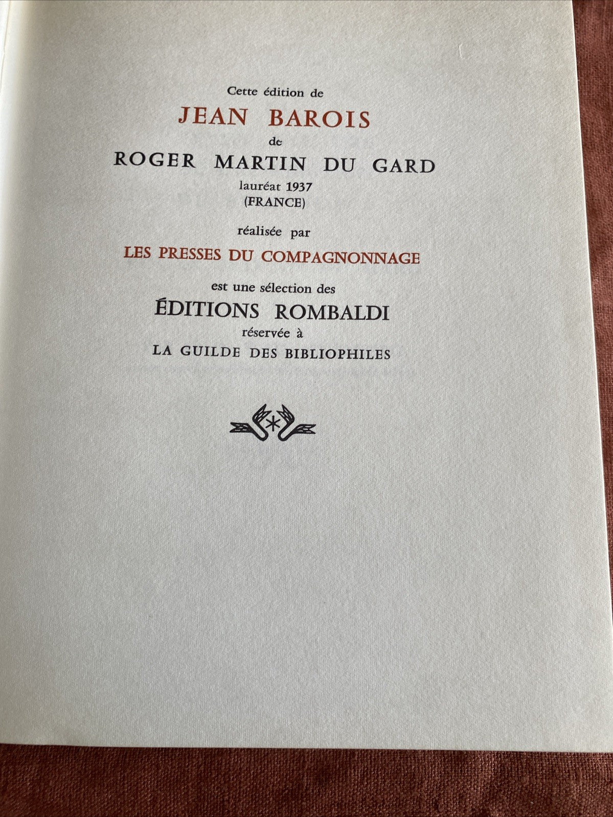 Livre Roger Martin Du Gard - Jean Barous - Édition Rombaldi - Nobel 1937