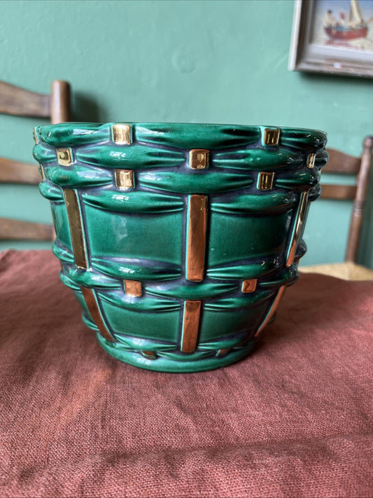 Cache Pot En Faïence Vert Et Dore Saint Clément B. Letalle