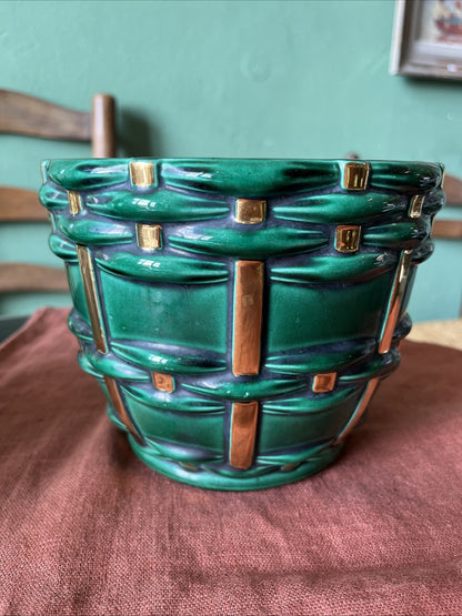 Cache Pot En Faïence Vert Et Dore Saint Clément B. Letalle