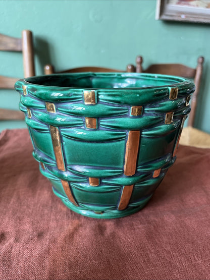 Cache Pot En Faïence Vert Et Dore Saint Clément B. Letalle