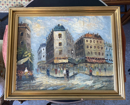 Tableau signé Caroline Burnett – Scène de rue parisienne – Huile impressionniste