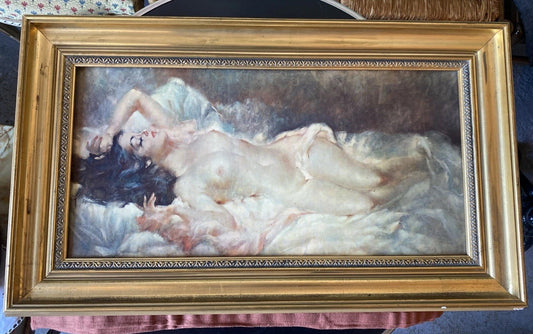 Tableau ancien signé Julian – Nu féminin allongé – Huile sur toile – Cadre doré