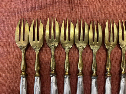 Lot de 11 fourchettes à gâteau Art Déco métal argenté doré vintage