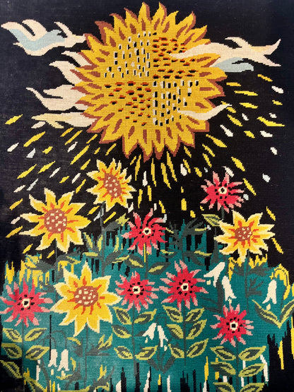 canevas vintage tournesols et oiseaux, broderie murale années 70