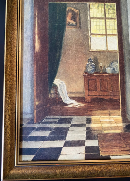 Huile sur toile scène d’intérieur hollandaise monogrammée FCH