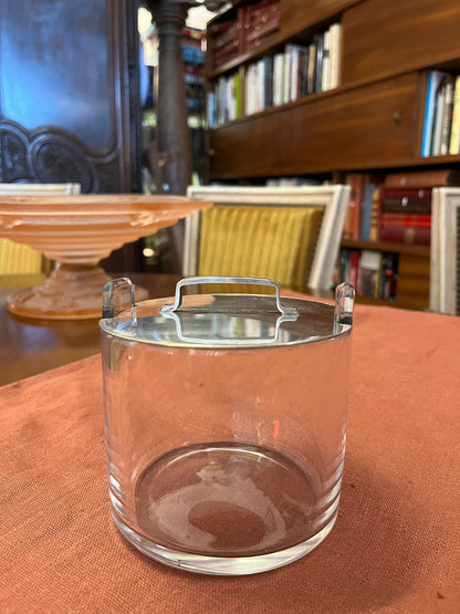 Seau à glace Art Déco en verre épais avec couvercle métal et prises lucite