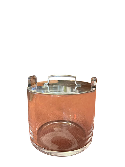 Seau à glace Art Déco en verre épais avec couvercle métal et prises lucite